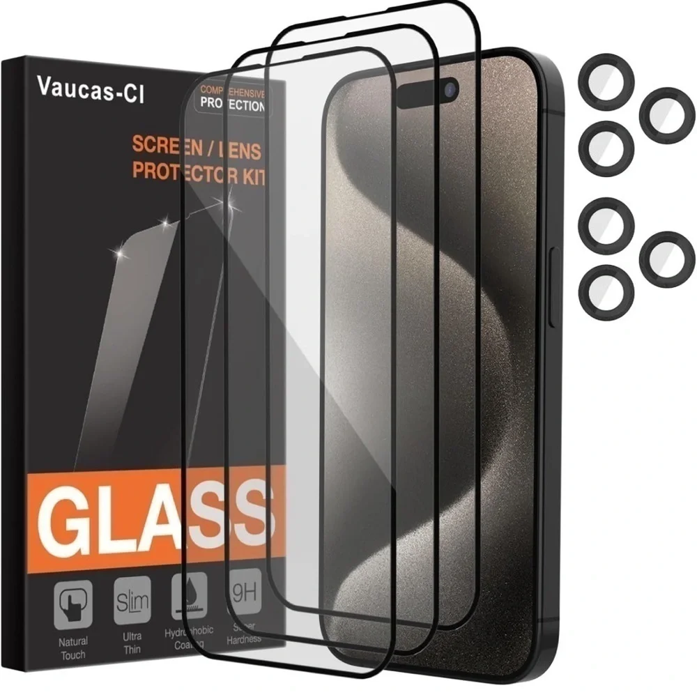Vacuas-CI Screen/lens Protector Kit Glass 3 Pack for iPhone 15 Pro 6.1 Inch